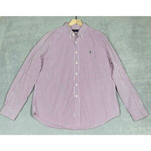 Ralph Lauren Mens‎ Shirt XL Burgundy Striped Button Down Long Sleeve Green Pony